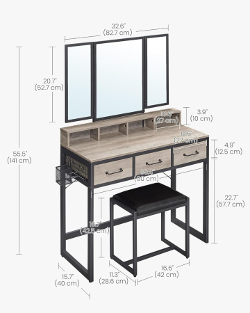 Masuta toaleta 90x40x141 cm, cu 3 sertare, oglinda tripla si taburet, lemn si otel, gri si negru [4]