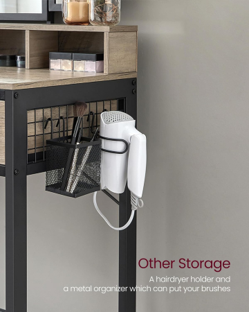 Masuta toaleta 90x40x141 cm, cu 3 sertare, oglinda tripla si taburet, lemn si otel, gri si negru [2]