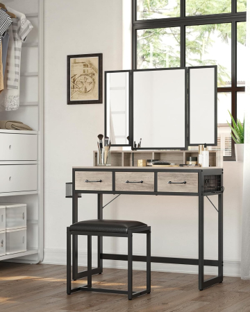 Masuta toaleta 90x40x141 cm, cu 3 sertare, oglinda tripla si taburet, lemn si otel, gri si negru [7]