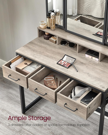 Masuta toaleta 90x40x141 cm, cu 3 sertare, oglinda tripla si taburet, lemn si otel, gri si negru [11]