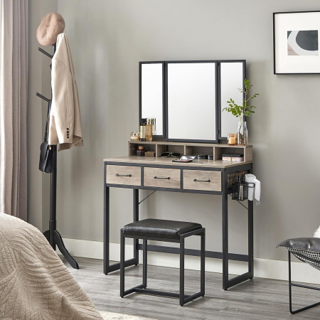Masuta toaleta 90x40x141 cm, cu 3 sertare, oglinda tripla si taburet, lemn si otel, gri si negru [6]