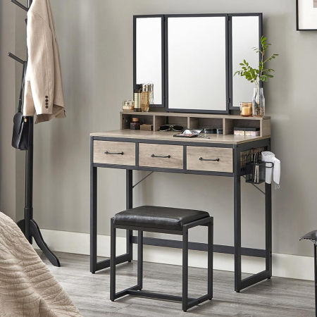 Mese toaleta si oglinzi - Masuta toaleta 90x40x141 cm, cu 3 sertare, oglinda tripla si taburet, lemn si otel, gri si negru