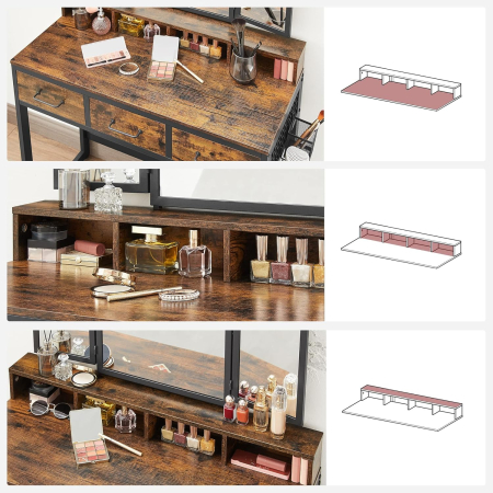 VASAGLE Masuta toaleta 90x40x141 cm, cu 3 sertare, oglinda tripla si taburet, lemn si otel, maro rustic si negru [1]