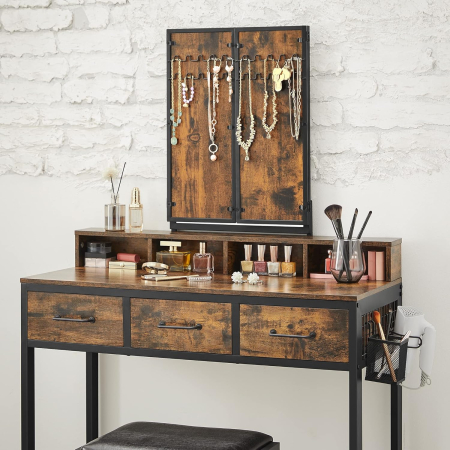 VASAGLE Masuta toaleta 90x40x141 cm, cu 3 sertare, oglinda tripla si taburet, lemn si otel, maro rustic si negru [2]