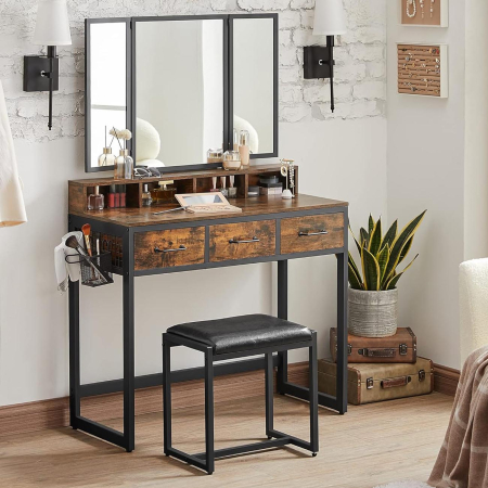 Mobila dormitor - VASAGLE Masuta toaleta 90x40x141 cm, cu 3 sertare, oglinda tripla si taburet, lemn si otel, maro rustic si negru