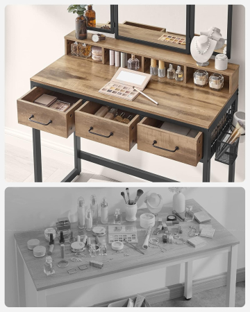 Masuta toaleta 3 sertare oglinda tripla taburet lemn otel, 90x40x141 cm, design rustic, maro negru [8]