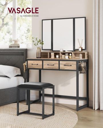 Masuta toaleta 3 sertare oglinda tripla taburet lemn otel, 90x40x141 cm, design rustic, maro negru [6]