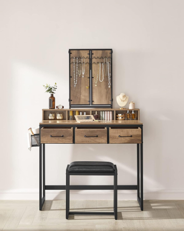 Masuta toaleta 3 sertare oglinda tripla taburet lemn otel, 90x40x141 cm, design rustic, maro negru [3]