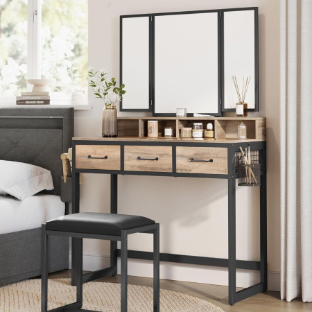 Dormitor & birou - Masuta toaleta 3 sertare oglinda tripla taburet lemn otel, 90x40x141 cm, design rustic, maro negru