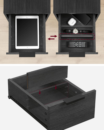 VASAGLE Noptiera 60x35x61 cm, cu 2 sertare, rafturi si priza incorporata, PAL si otel, gri antracit si negru [8]