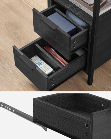 VASAGLE Noptiera 60x35x61 cm, cu 2 sertare, rafturi si priza incorporata, PAL si otel, gri antracit si negru [9]