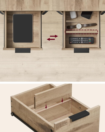 Noptiera 60x35x61 cm, cu 2 sertare, rafturi si priza incorporata, PAL si otel, maro [7]