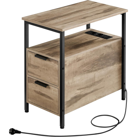 Noptiere - Noptiera 60x35x61 cm, cu 2 sertare, rafturi si priza incorporata, PAL si otel, maro