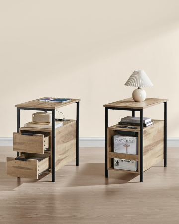 Noptiera 60x35x61 cm, cu 2 sertare, rafturi si priza incorporata, PAL si otel, maro [3]