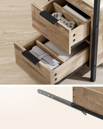 Noptiera 60x35x61 cm, cu 2 sertare, rafturi si priza incorporata, PAL si otel, maro [4]