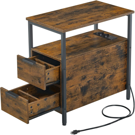 Dormitor & birou - Noptiera 60x35x61 cm, cu 2 sertare, rafturi si priza incorporata, PAL si otel, maro rustic