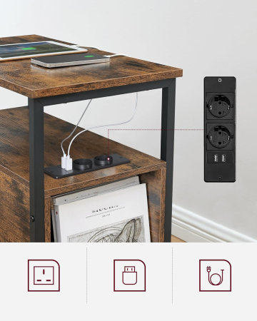 Noptiera 60x35x61 cm, cu 2 sertare, rafturi si priza incorporata, PAL si otel, maro rustic [3]