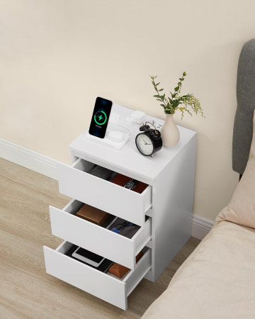 VASAGLE Noptiera cu 3 sertare, din PAL, cu 2 prize si 2 porturi USB, 40x35x59 cm, alb [6]