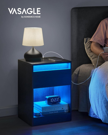 Noptiera cu iluminare LED reglabila, prize si porturi USB, sertar si raft, MDF si PAL, 40x35x55 cm, negru [1]