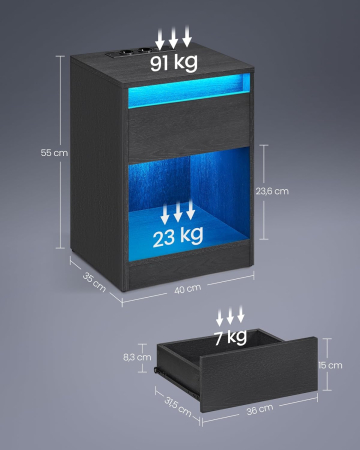Noptiera cu iluminare LED reglabila, prize si porturi USB, sertar si raft, MDF si PAL, 40x35x55 cm, negru [3]