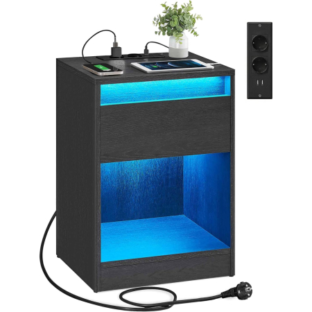 Noptiera cu iluminare LED reglabila, prize si porturi USB, sertar si raft, MDF si PAL, 40x35x55 cm, negru [7]