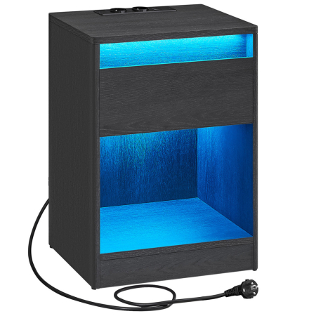 Noptiere - Noptiera cu iluminare LED reglabila, prize si porturi USB, sertar si raft, MDF si PAL, 40x35x55 cm, negru