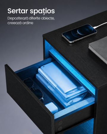Noptiera cu iluminare LED reglabila, prize si porturi USB, sertar si raft, MDF si PAL, 40x35x55 cm, negru [4]