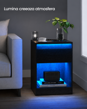 Noptiera cu iluminare LED reglabila, prize si porturi USB, sertar si raft, MDF si PAL, 40x35x55 cm, negru [5]