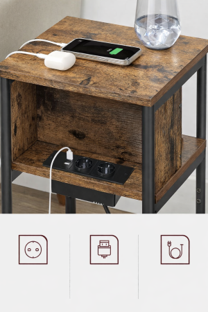 VASAGLE Noptiera cu prize si USB, 3 rafturi, stil industrial, 30x34x58 cm, maro rustic [8]