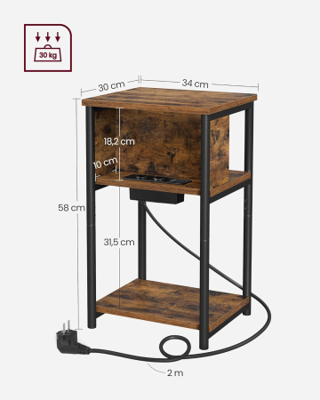 VASAGLE Noptiera cu prize si USB, 3 rafturi, stil industrial, 30x34x58 cm, maro rustic [3]