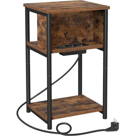 Noptiere - VASAGLE Noptiera cu prize si USB, 3 rafturi, stil industrial, 30x34x58 cm, maro rustic