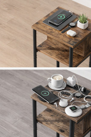 VASAGLE Noptiera cu prize si USB, 3 rafturi, stil industrial, 30x34x58 cm, maro rustic [2]