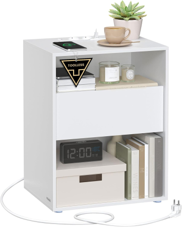 Noptiera cu sertar si statie de incarcare, 2 prize, 2 porturi USB, 45x35x58 cm, alb [1]