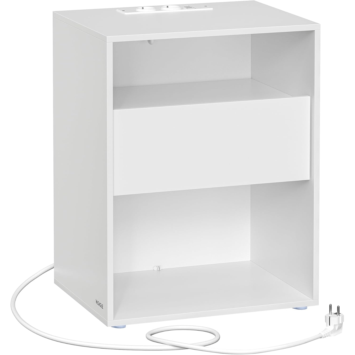 Noptiere - Noptiera cu sertar si statie de incarcare, 2 prize, 2 porturi USB, 45x35x58 cm, alb