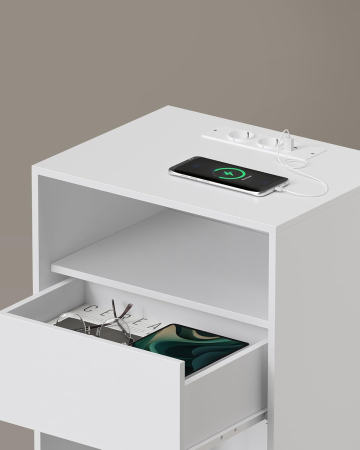 Noptiera cu sertar si statie de incarcare, 2 prize, 2 porturi USB, 45x35x58 cm, alb [3]
