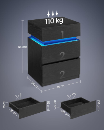 VASAGLE Noptiera din MDF cu iluminare LED, culori si intensitate reglabile, 35x40x55cm, negru [5]