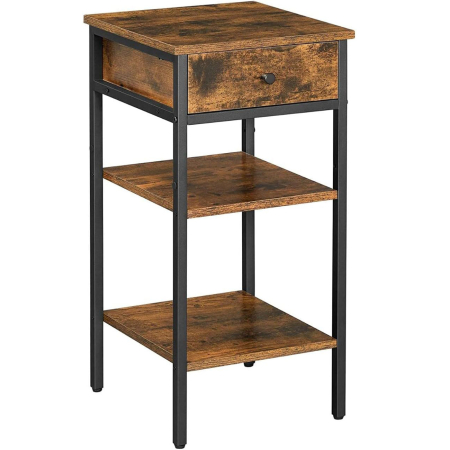 Mobila dormitor - VASAGLE Noptiera inalta cu sertar si 2 rafturi de depozitare, stil industrial, 35x35x70cm, maro rustic si negru