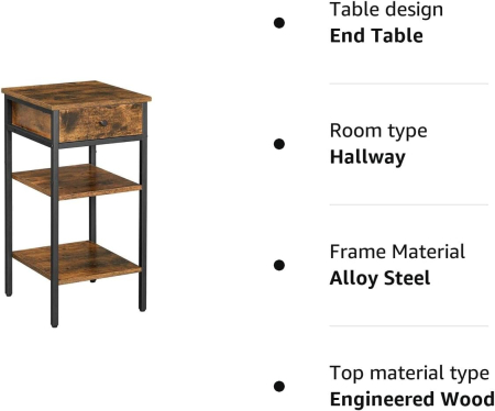 VASAGLE Noptiera inalta cu sertar si 2 rafturi de depozitare, stil industrial, 35x35x70cm, maro rustic si negru [7]