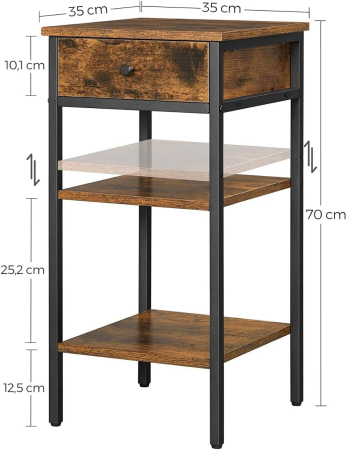 VASAGLE Noptiera inalta cu sertar si 2 rafturi de depozitare, stil industrial, 35x35x70cm, maro rustic si negru [2]