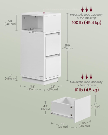 VASAGLE Noptiera ingusta cu 2 sertare, montaj stanga - dreapta, 30x25x65 cm, alb [2]