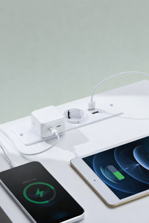 Noptiera Kailyn cu 2 sertare, 2 prize integrate si 2 porturi USB, 40x35x49 cm, alb [3]