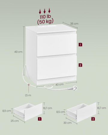 Noptiera Kailyn cu 2 sertare, 2 prize integrate si 2 porturi USB, 40x35x49 cm, alb [1]