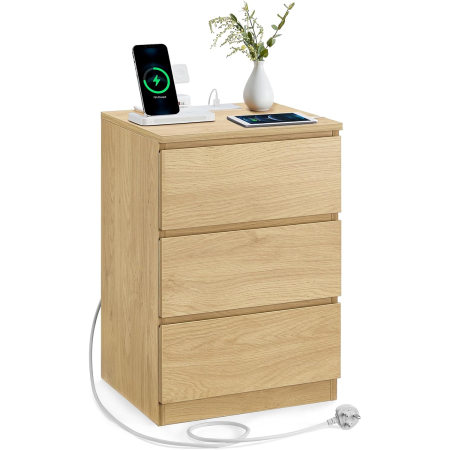 Noptiera Kailyn cu prize si USB integrate, 3 sertare, PAL, 40x35x59 cm, natur [1]