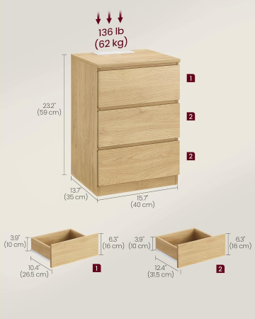 Noptiera Kailyn cu prize si USB integrate, 3 sertare, PAL, 40x35x59 cm, natur [3]