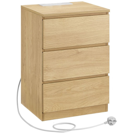 Dormitor & birou - Noptiera Kailyn cu prize si USB integrate, 3 sertare, PAL, 40x35x59 cm, natur