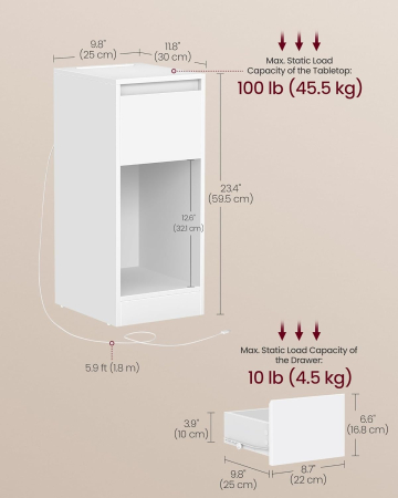 Noptiera slim cu LED si statie de incarcare cu 2 prize USB, MDF, 30x25x60 cm, alb [1]