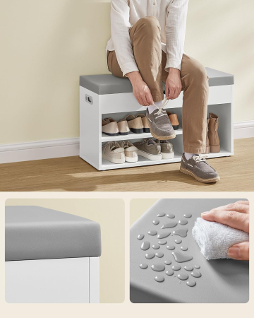 VASAGLE Pantofar cu banca, capitonata, 3 compartimente, sarcina 150 kg, 30x80x44 cm, modern, alb [5]