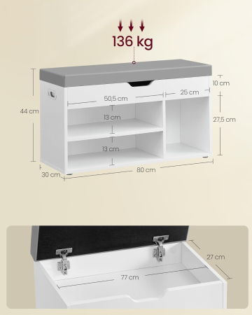 VASAGLE Pantofar cu banca, capitonata, 3 compartimente, sarcina 150 kg, 30x80x44 cm, modern, alb [1]