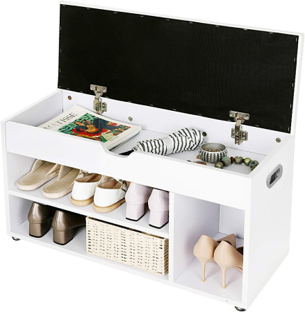 Pantofar cu banca, capitonata, 3 compartimente, sarcina 150 kg, 30x80x44cm, modern, alb [5]