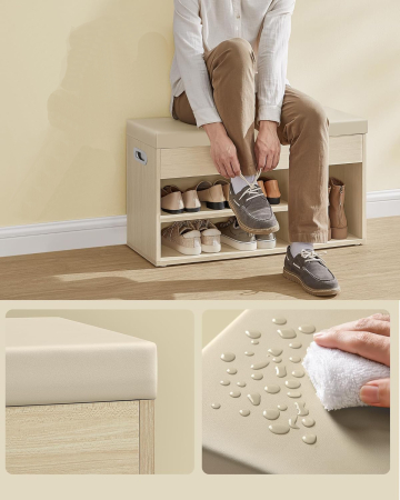 VASAGLE Pantofar cu banca, capitonata, 3 compartimente, sarcina 150 kg, 30x80x44cm, modern, bej [3]